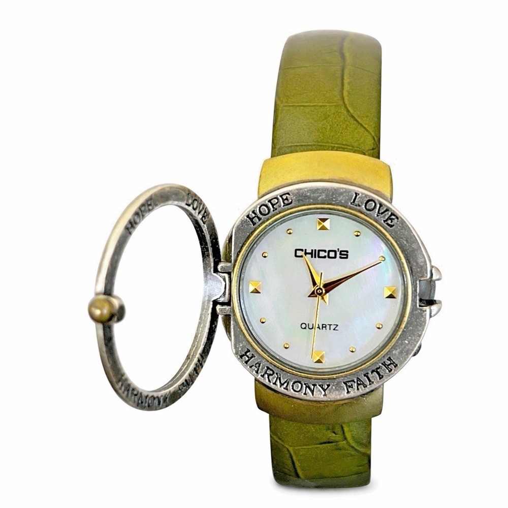 Chico's‎ Hope Love Harmony Faith Hinged Cuff Watch Green Faux Leather Quartz